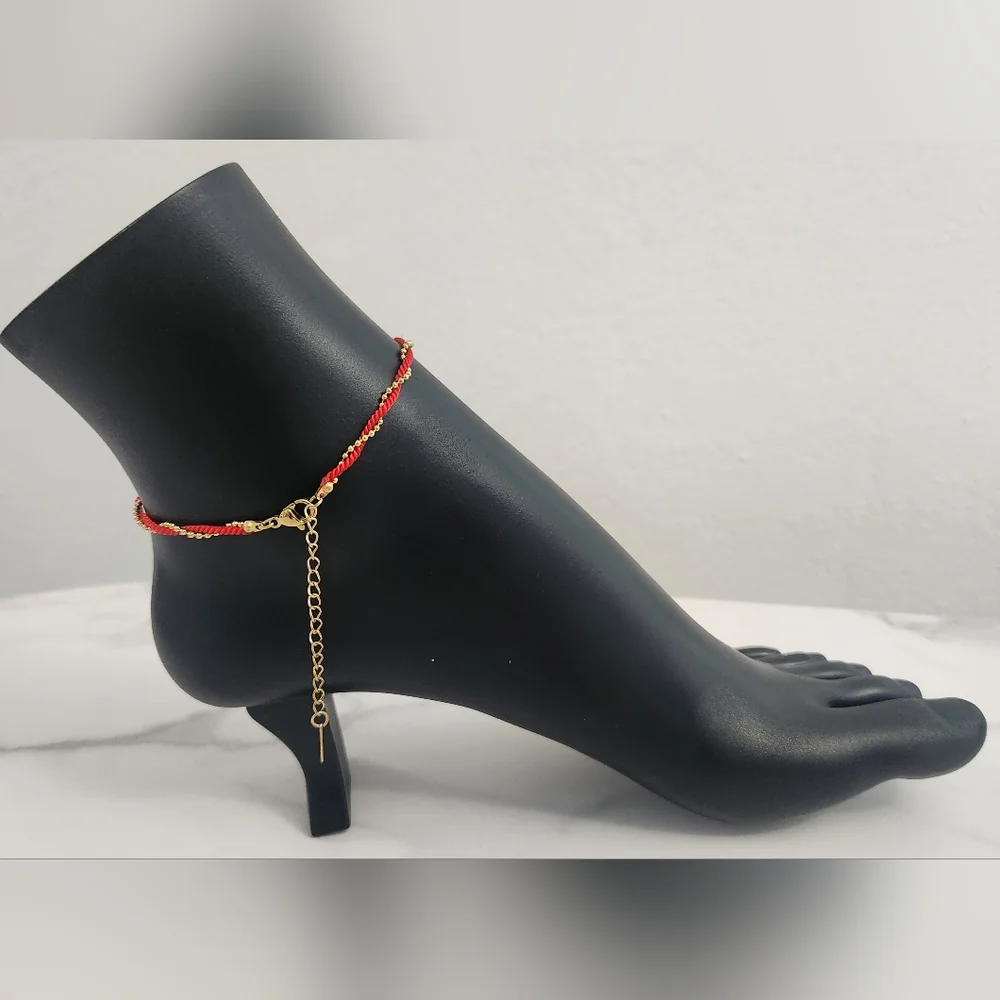 Red Rope String & Gold Beaded Twisted Anklet - Picture 7 of 13